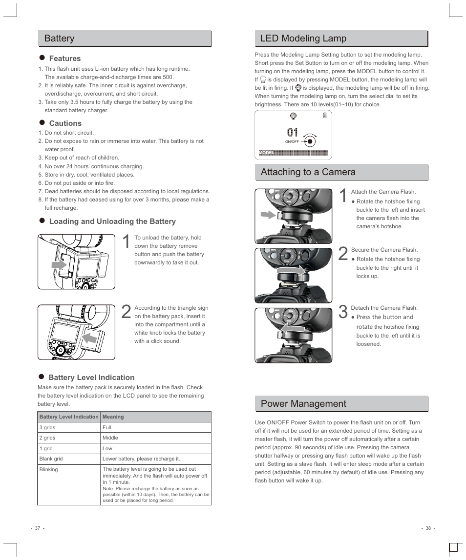 Battery, Attaching to a camera, Power management | Led modeling lamp | Godox V1 Flash for Pentax User Manual | Page 6 / 16