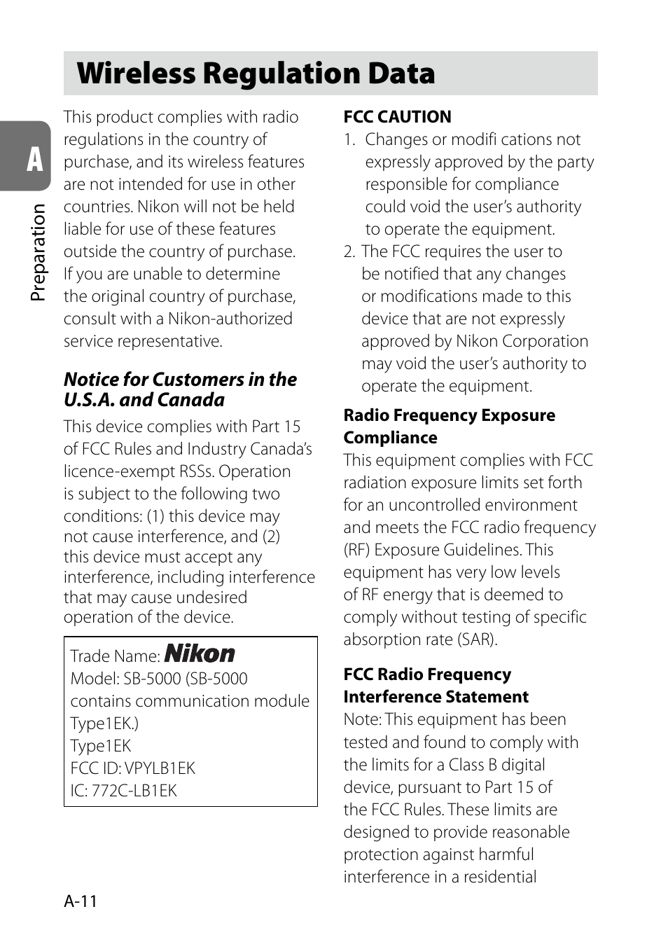 Wireless regulation data, A-11 | Nikon SB-5000 AF Speedlight User Manual | Page 12 / 120