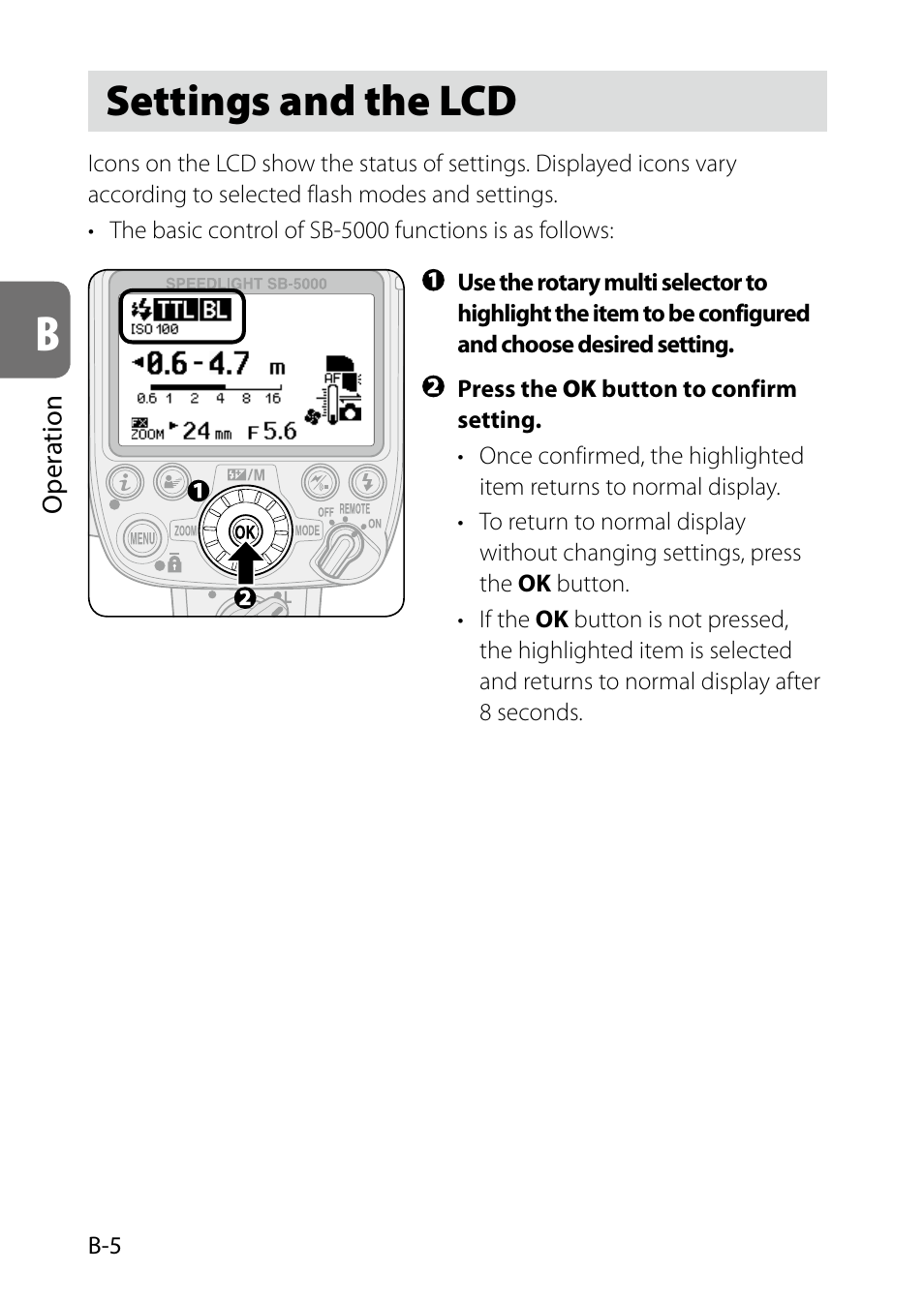 Settings and the lcd, B-5) | Nikon SB-5000 AF Speedlight User Manual | Page 20 / 120