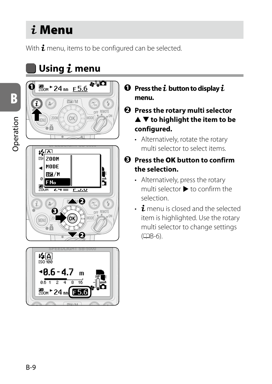I menu, B-9), Menu | Using menu | Nikon SB-5000 AF Speedlight User Manual | Page 24 / 120