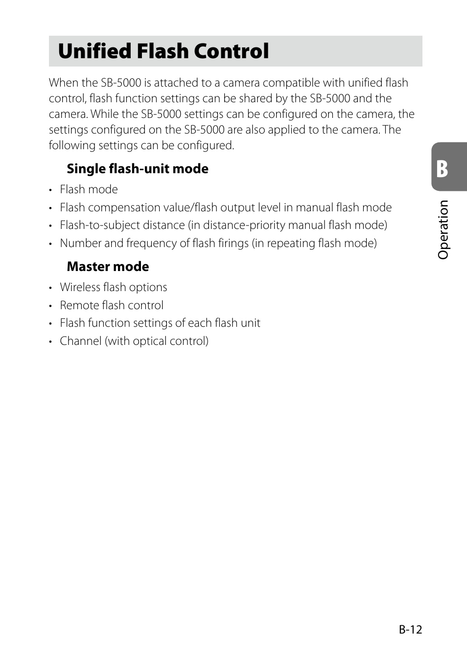 Unified flash control, B-12 | Nikon SB-5000 AF Speedlight User Manual | Page 27 / 120