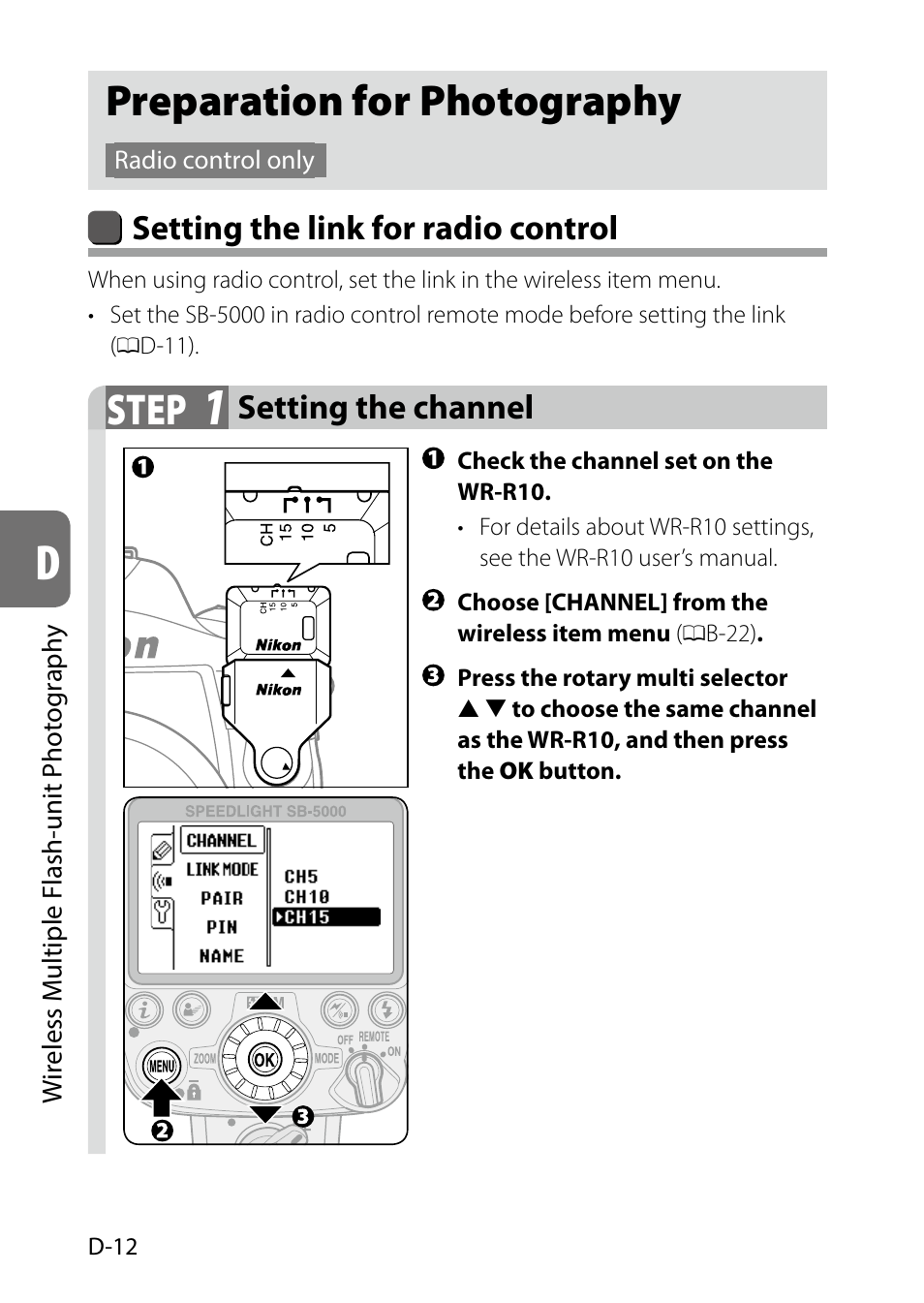 Preparation for photography, D-12, D-12) | Step, Setting the link for radio control, Setting the channel | Nikon SB-5000 AF Speedlight User Manual | Page 64 / 120