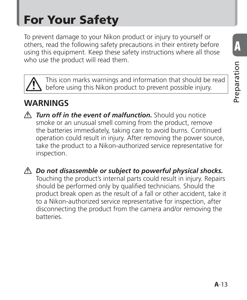 For your safety | Nikon SB-500 AF Speedlight User Manual | Page 13 / 96