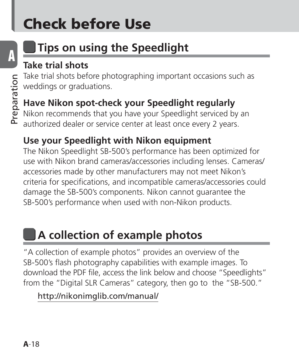 Check before use, Tips on using the speedlight, A collection of example photos | Nikon SB-500 AF Speedlight User Manual | Page 18 / 96