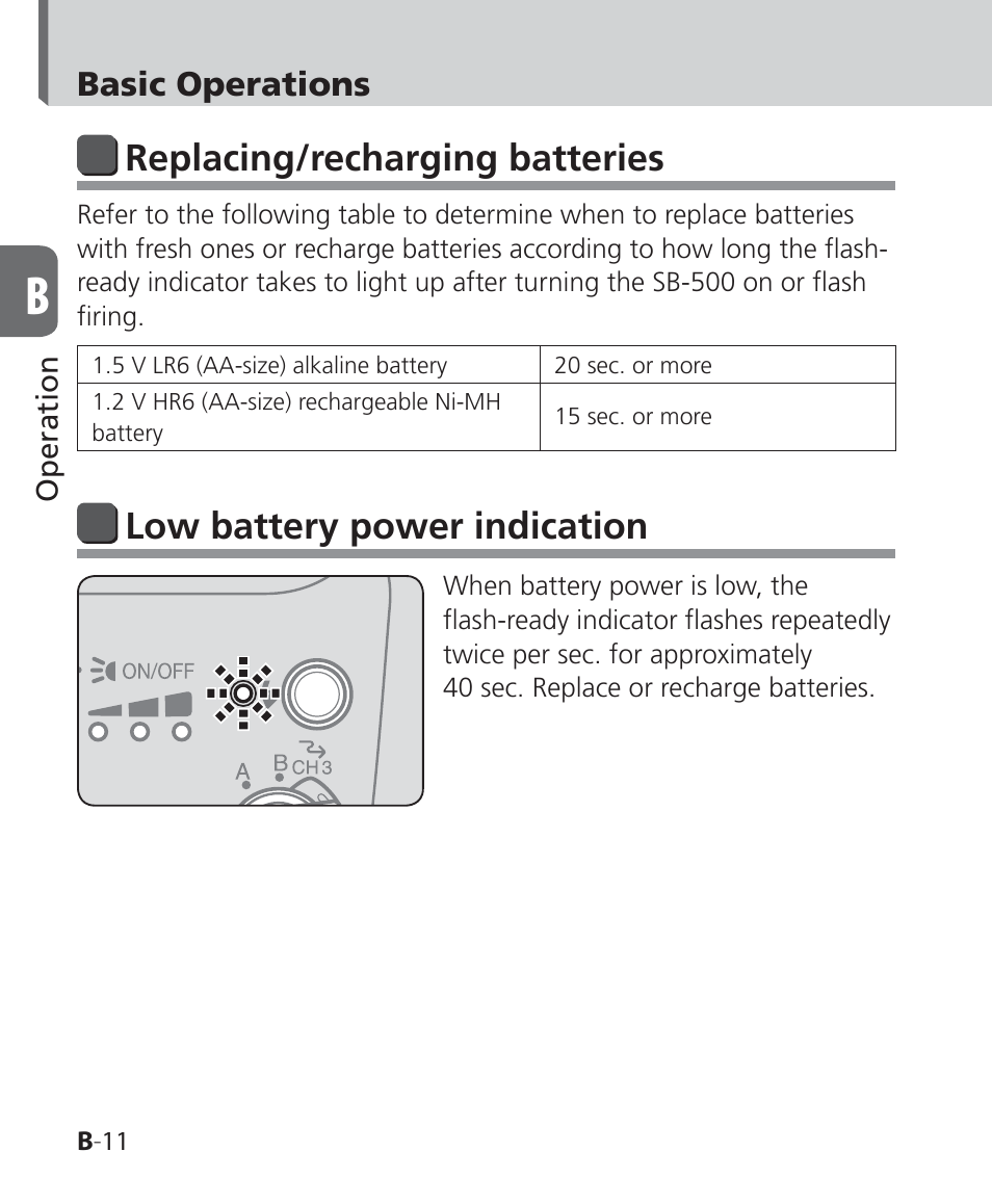 Replacing/recharging batteries, Low battery power indication | Nikon SB-500 AF Speedlight User Manual | Page 30 / 96