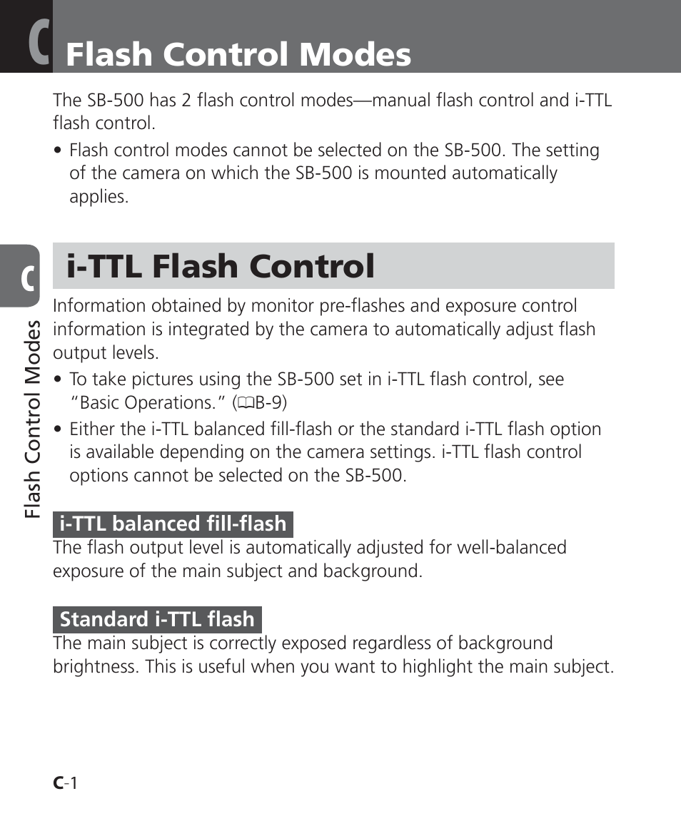 Flash control modes, I-ttl flash control | Nikon SB-500 AF Speedlight User Manual | Page 34 / 96