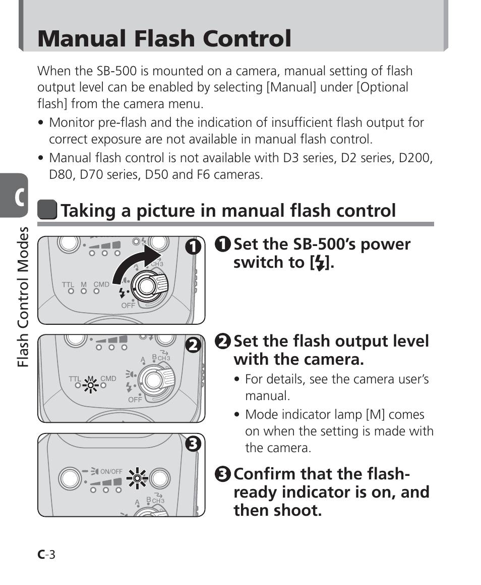 Manual flash control, Taking a picture in manual flash control | Nikon SB-500 AF Speedlight User Manual | Page 36 / 96