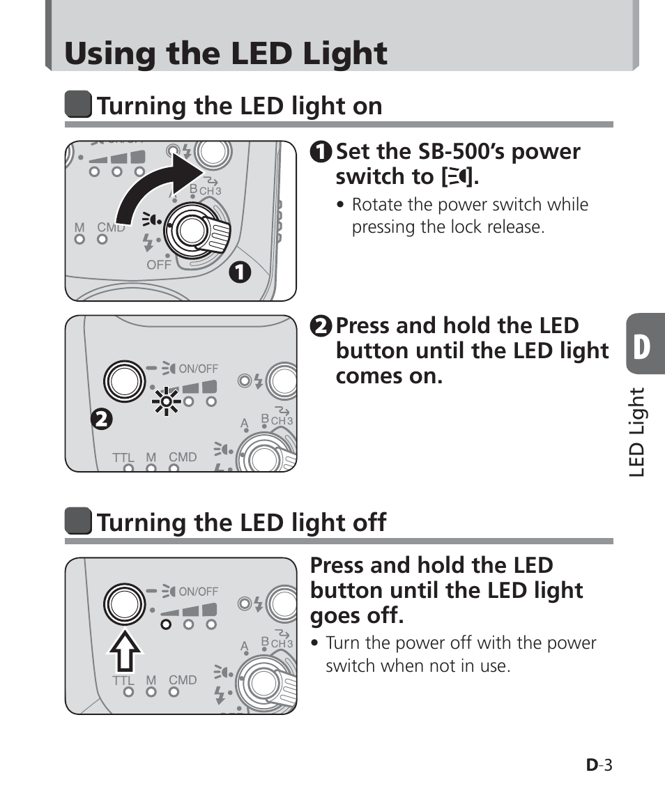 Using the led light, Turning the led light on, Turning the led light off | Nikon SB-500 AF Speedlight User Manual | Page 39 / 96
