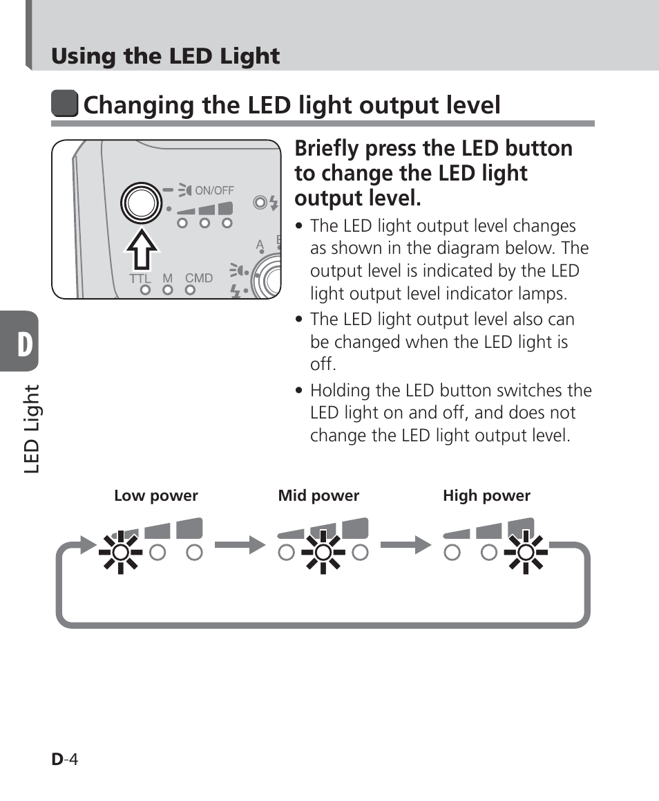 Changing the led light output level, Using the led light | Nikon SB-500 AF Speedlight User Manual | Page 40 / 96