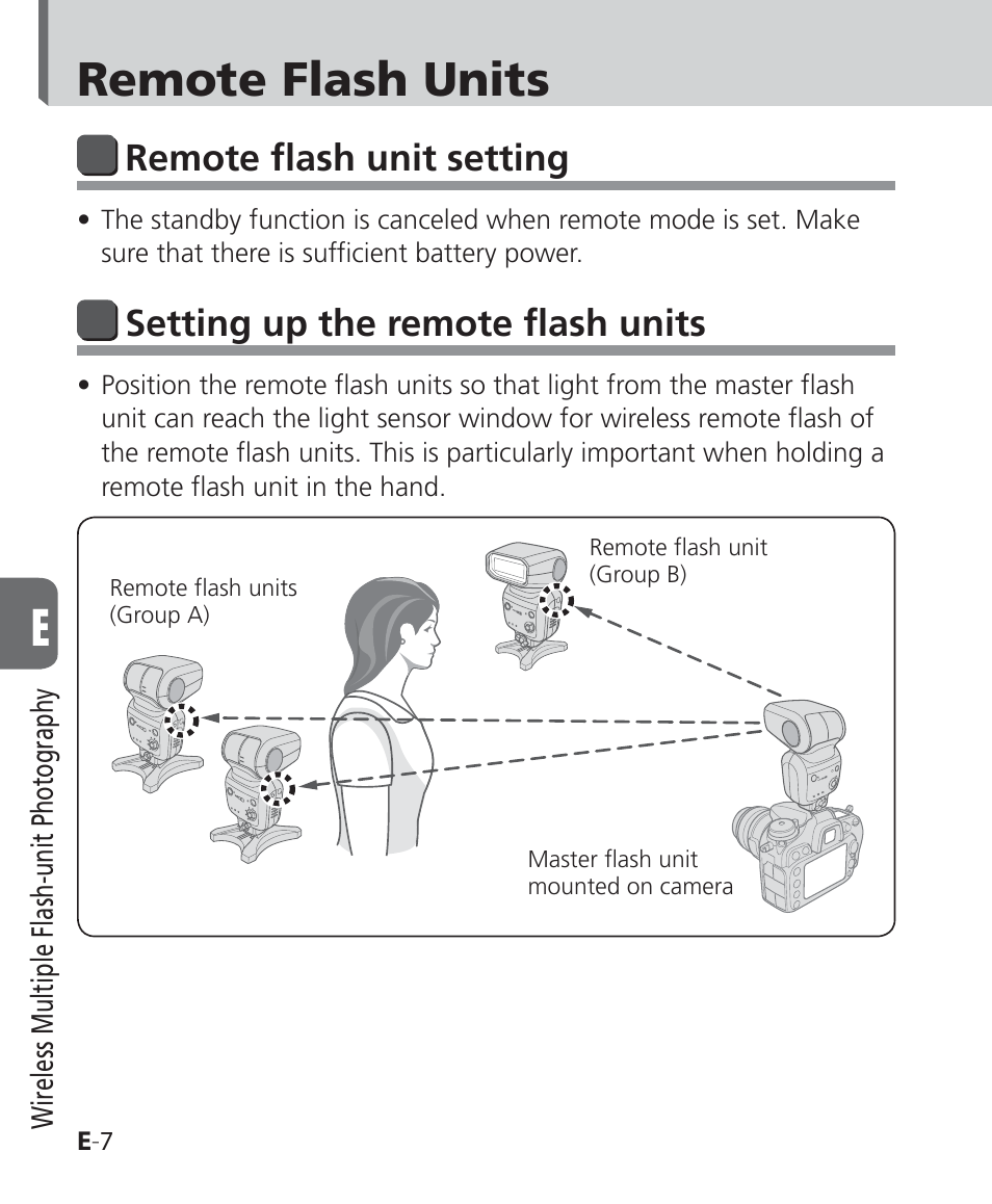 Remote flash units, Remote flash unit setting, Setting up the remote flash units | Nikon SB-500 AF Speedlight User Manual | Page 48 / 96