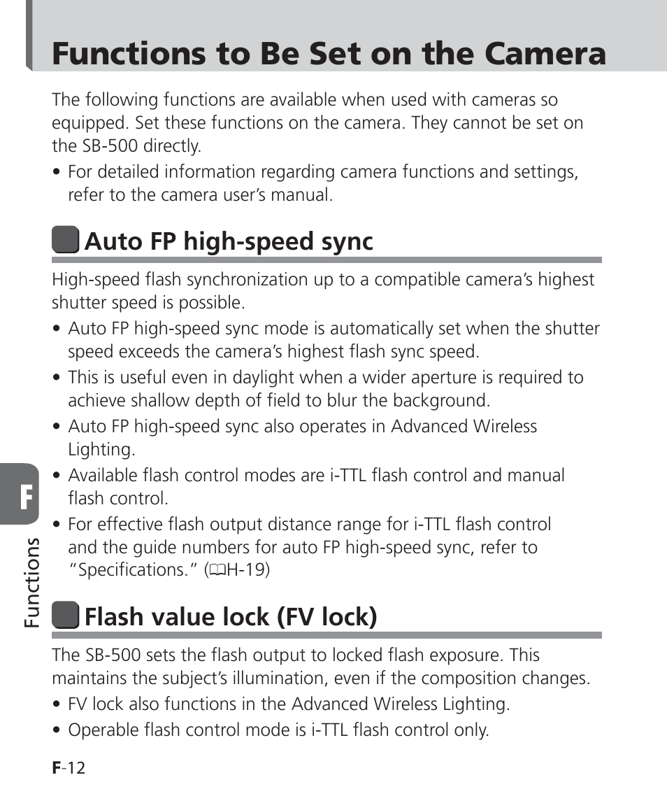 Functions to be set on the camera, Auto fp high-speed sync, Flash value lock ( fv lock) | Nikon SB-500 AF Speedlight User Manual | Page 64 / 96