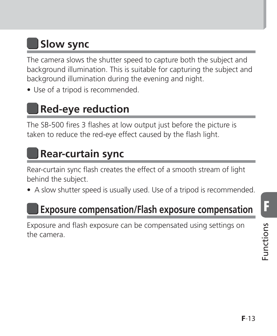 Slow sync, Red-eye reduction, Rear-curtain sync | Exposure compensation/flash exposure compensation | Nikon SB-500 AF Speedlight User Manual | Page 65 / 96