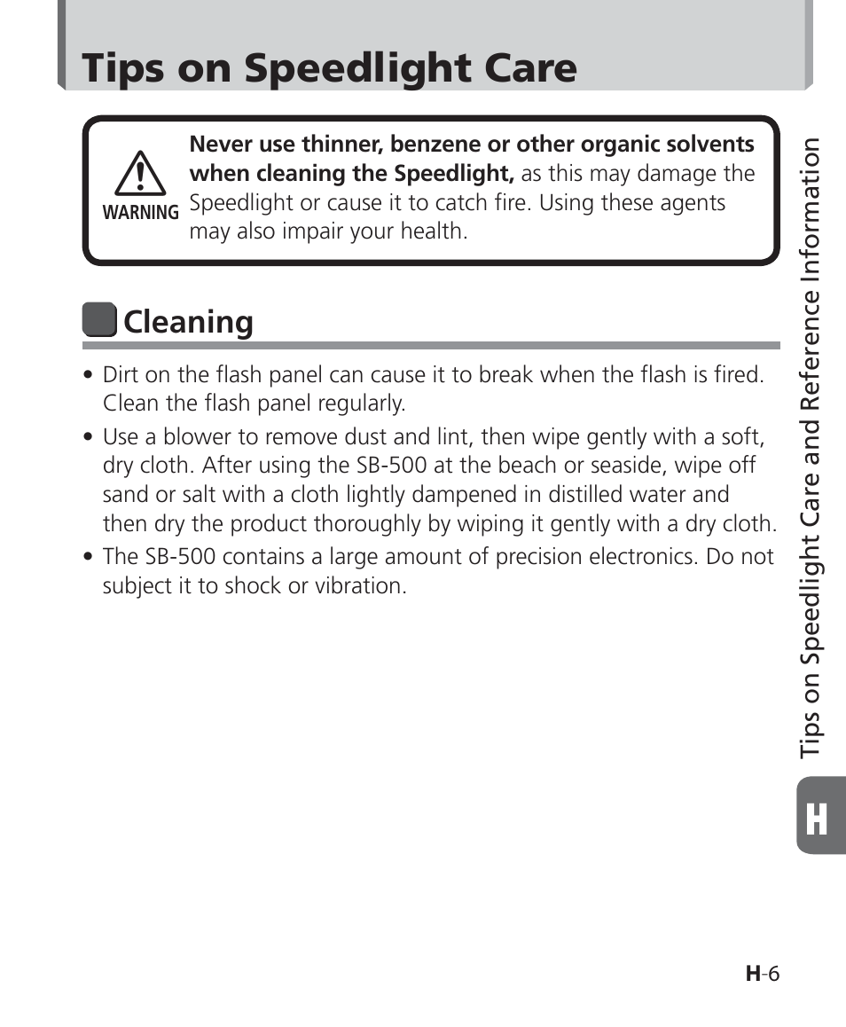 Tips on speedlight care, Cleaning | Nikon SB-500 AF Speedlight User Manual | Page 73 / 96