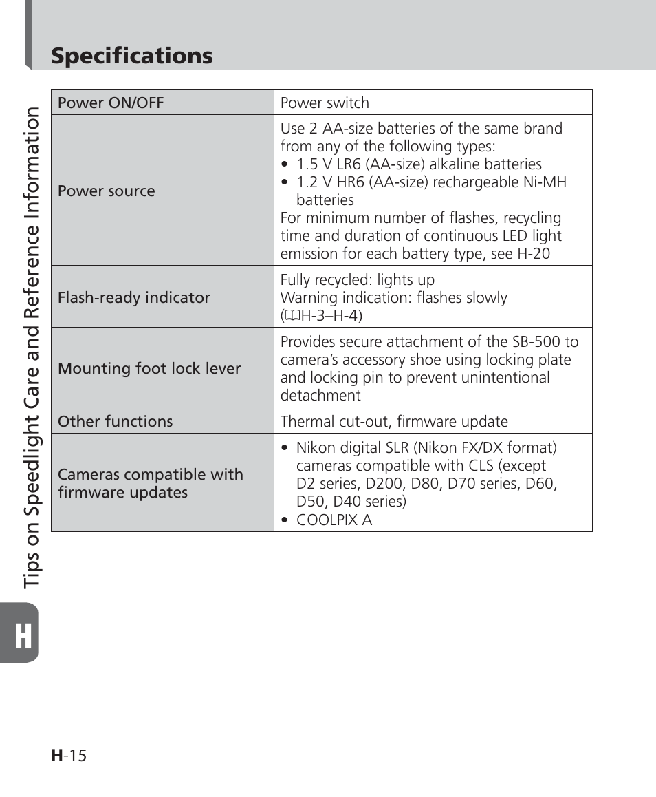 Specifications, Tips on speedlight care and reference information | Nikon SB-500 AF Speedlight User Manual | Page 82 / 96