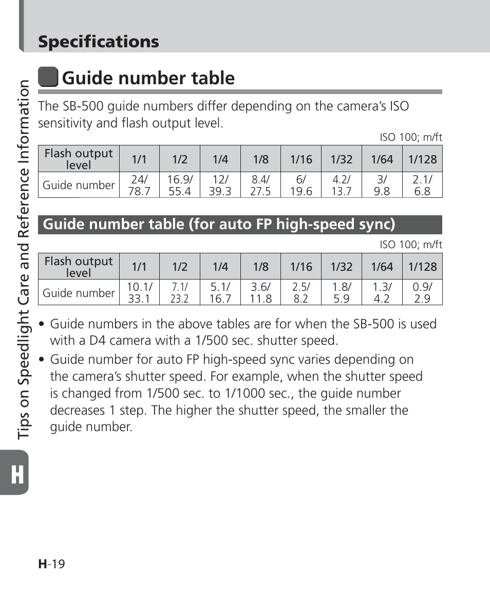 Guide number table, Specifications, Tips on speedlight care and reference information | Guide number table (for auto fp high-speed sync) | Nikon SB-500 AF Speedlight User Manual | Page 86 / 96