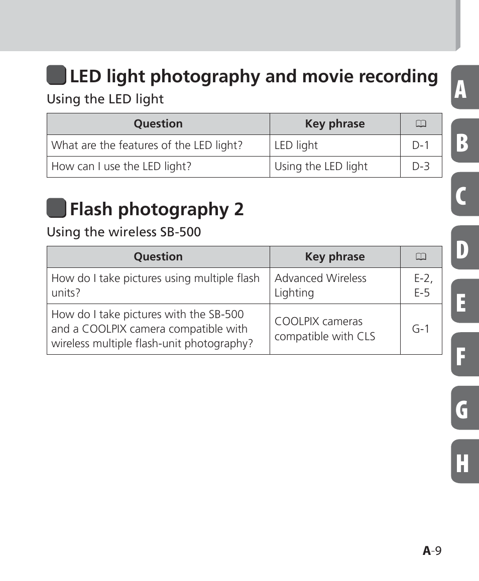 Led light photography and movie recording, Flash photography 2 | Nikon SB-500 AF Speedlight User Manual | Page 9 / 96