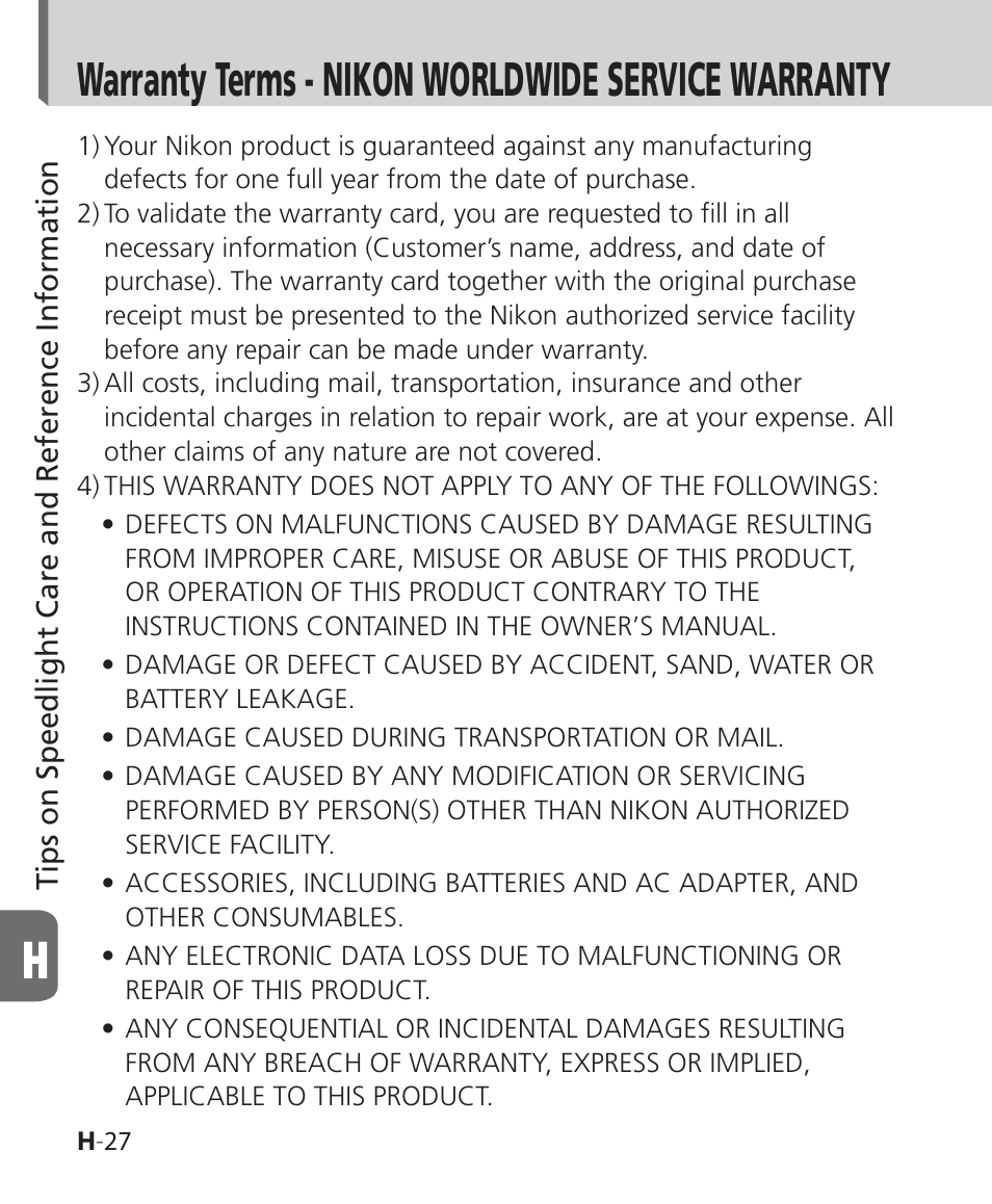 Warranty terms - nikon worldwide service warranty | Nikon SB-500 AF Speedlight User Manual | Page 94 / 96