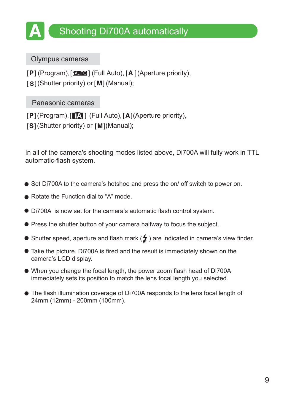 Shooting di700a automatically | Nissin Di700A Flash for Micro Four Thirds Cameras User Manual | Page 10 / 25