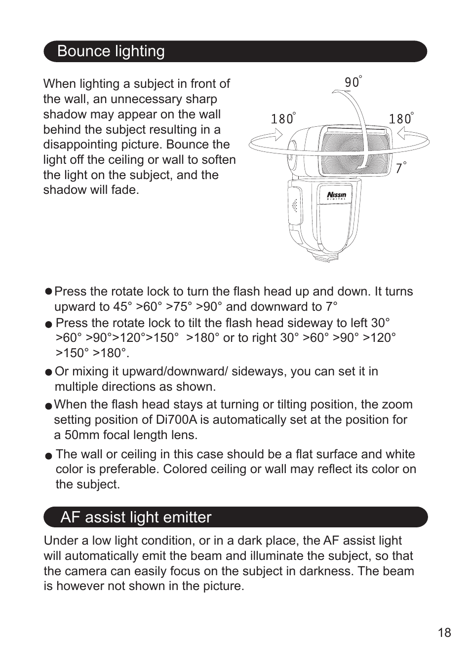 Bounce lighting, Af assist light emitter | Nissin Di700A Flash for Micro Four Thirds Cameras User Manual | Page 19 / 25