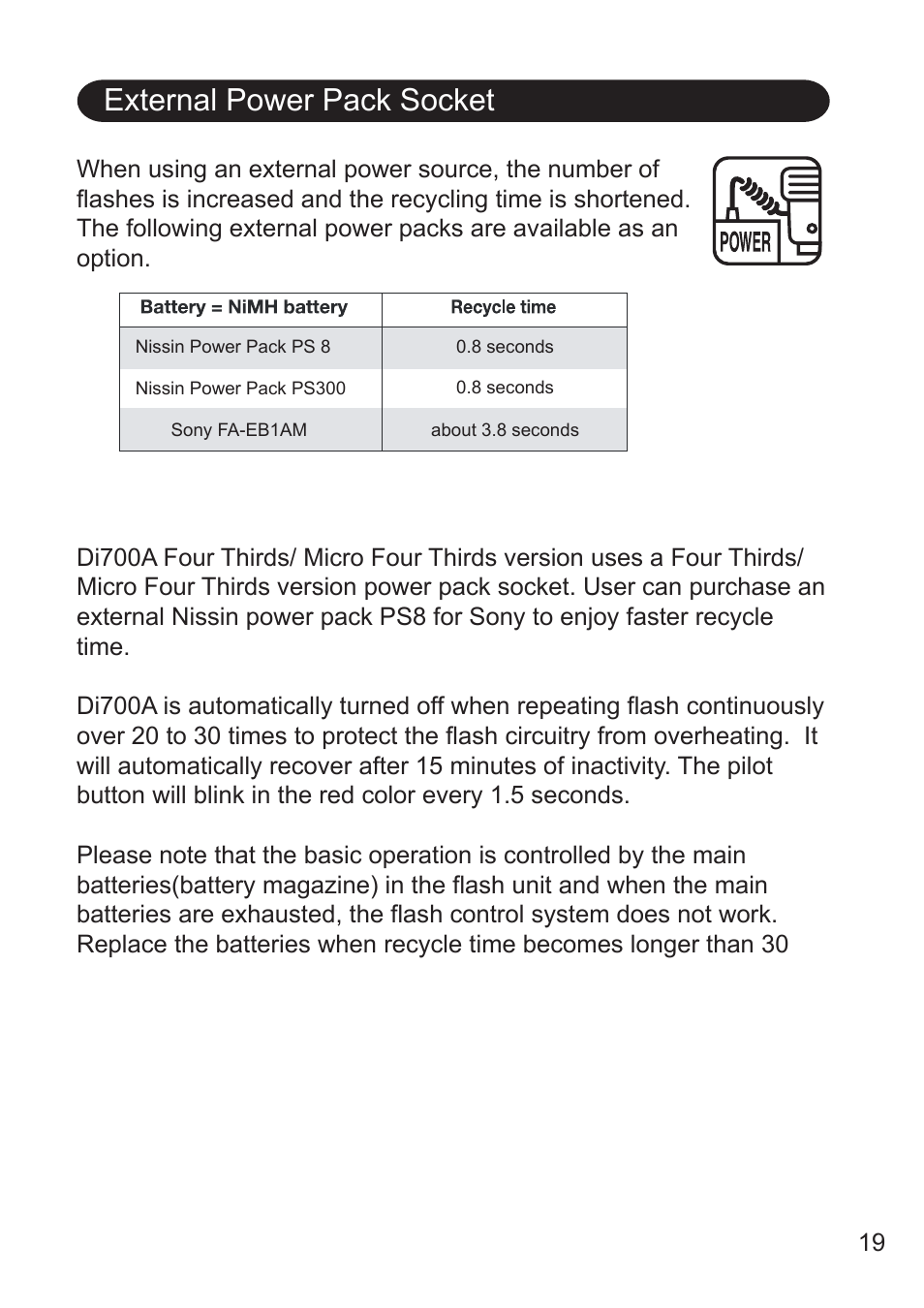 External power pack socket | Nissin Di700A Flash for Micro Four Thirds Cameras User Manual | Page 20 / 25