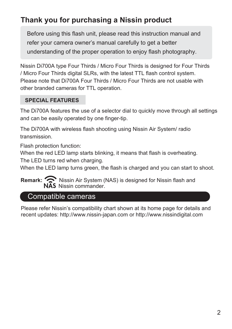 Compatible cameras | Nissin Di700A Flash for Micro Four Thirds Cameras User Manual | Page 3 / 25