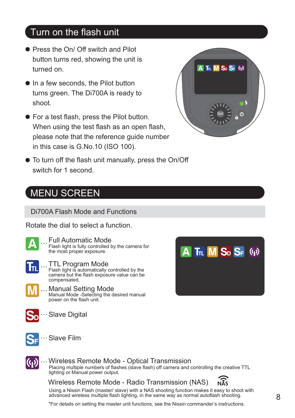 Turn on the flash unit, Menu screen | Nissin Di700A Flash for Micro Four Thirds Cameras User Manual | Page 9 / 25