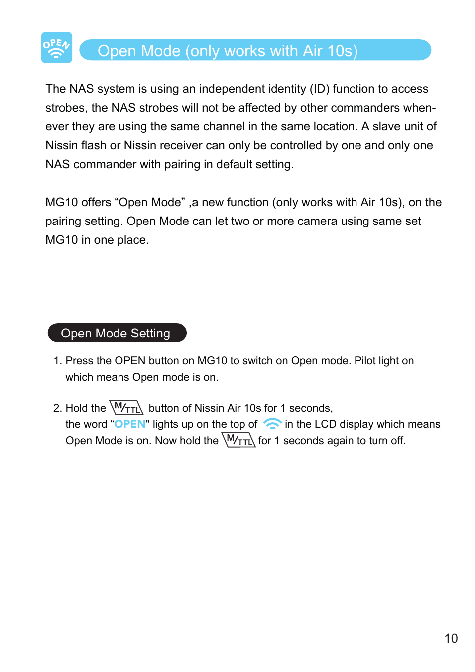 Open mode (only works with air 10s) | Nissin MG10 Wireless Flash with Air 10s Commander (Nikon) User Manual | Page 11 / 26