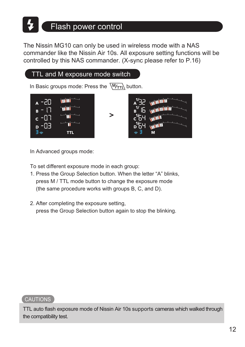 Flash power control, Ttl and m exposure mode switch | Nissin MG10 Wireless Flash with Air 10s Commander (Nikon) User Manual | Page 13 / 26