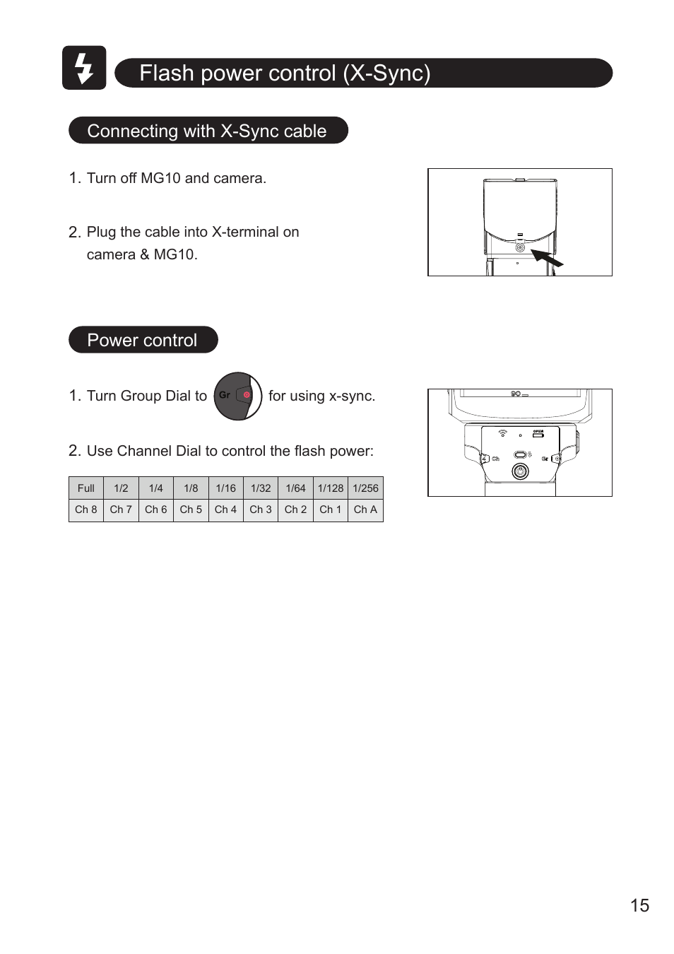 Flash power control (x-sync), 15 power control connecting with x-sync cable | Nissin MG10 Wireless Flash with Air 10s Commander (Nikon) User Manual | Page 16 / 26