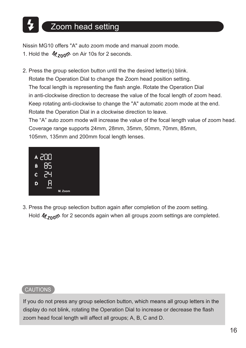 Zoom head setting | Nissin MG10 Wireless Flash with Air 10s Commander (Nikon) User Manual | Page 17 / 26