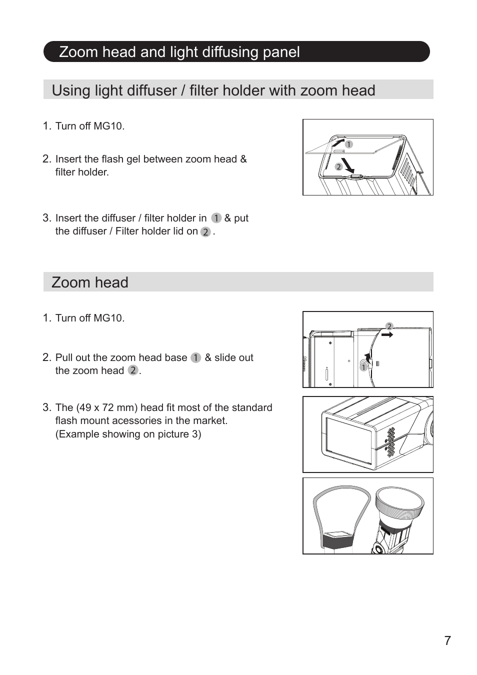 Zoom head and light diffusing panel, Zoom head | Nissin MG10 Wireless Flash with Air 10s Commander (Nikon) User Manual | Page 8 / 26