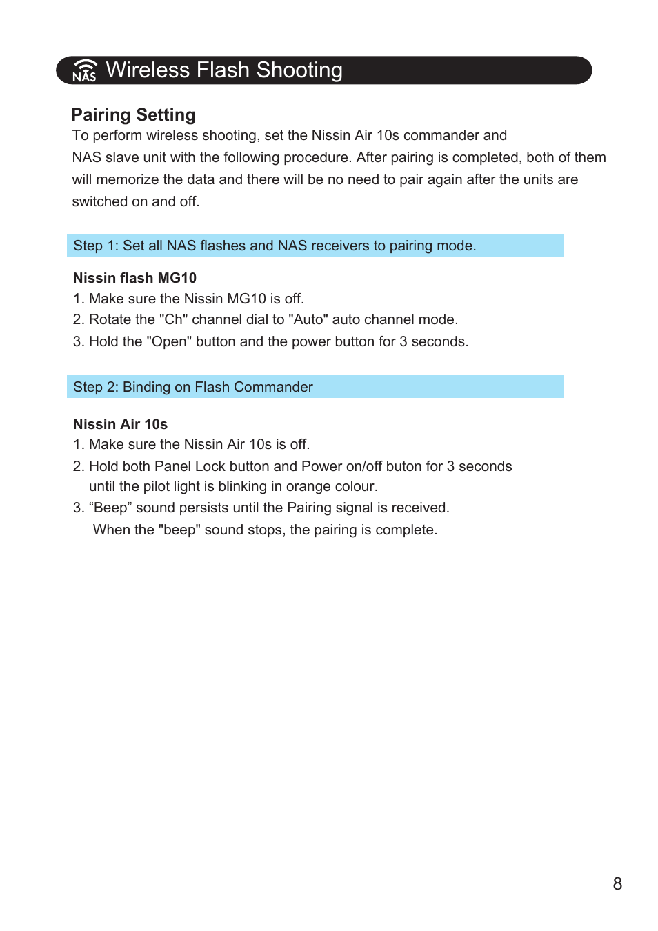 Wireless flash shooting, Pairing setting | Nissin MG10 Wireless Flash with Air 10s Commander (Nikon) User Manual | Page 9 / 26
