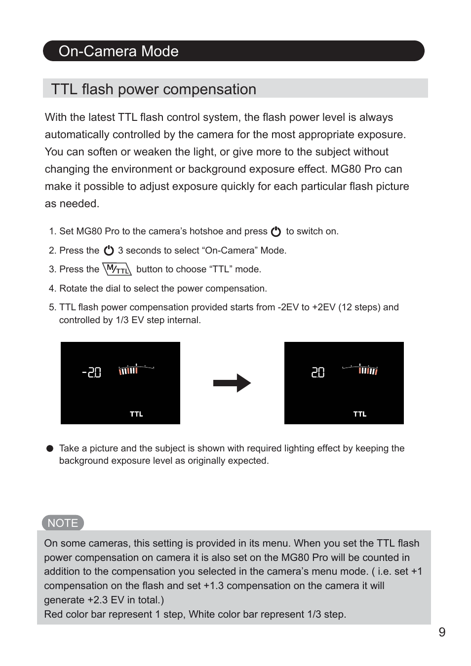 On-camera mode ttl flash power compensation | Nissin MG80 Pro Flash for Cameras User Manual | Page 10 / 31