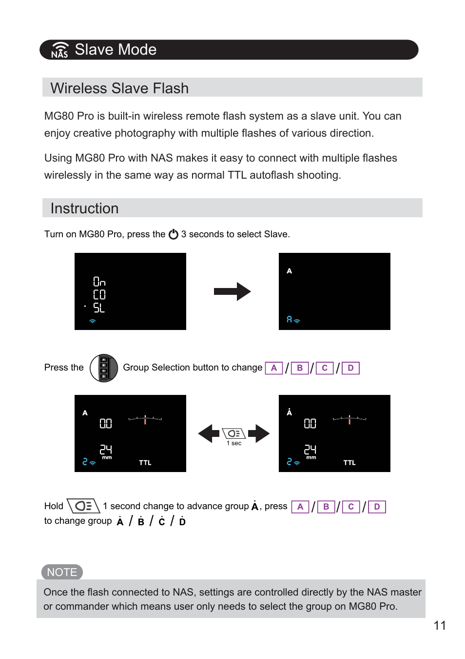 Slave mode, Wireless slave flash instruction | Nissin MG80 Pro Flash for Cameras User Manual | Page 12 / 31