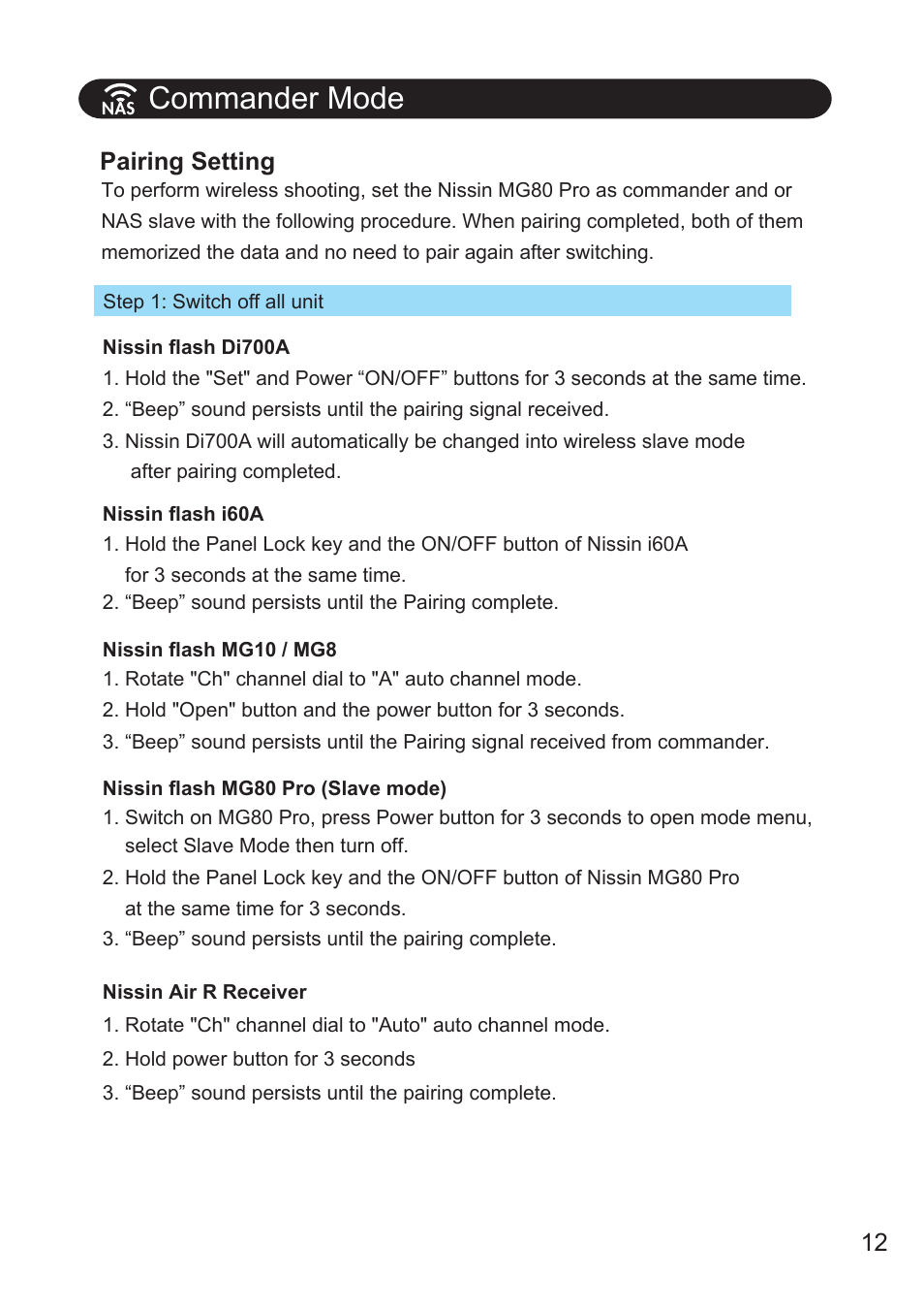 Commander mode, Pairing setting | Nissin MG80 Pro Flash for Cameras User Manual | Page 13 / 31