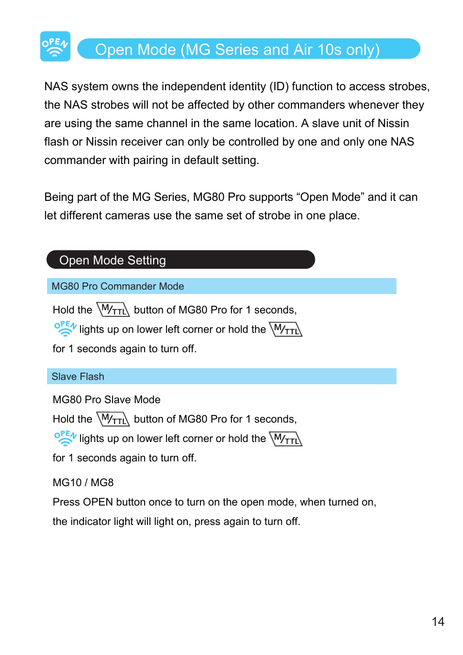 Open mode (mg series and air 10s only) | Nissin MG80 Pro Flash for Cameras User Manual | Page 15 / 31