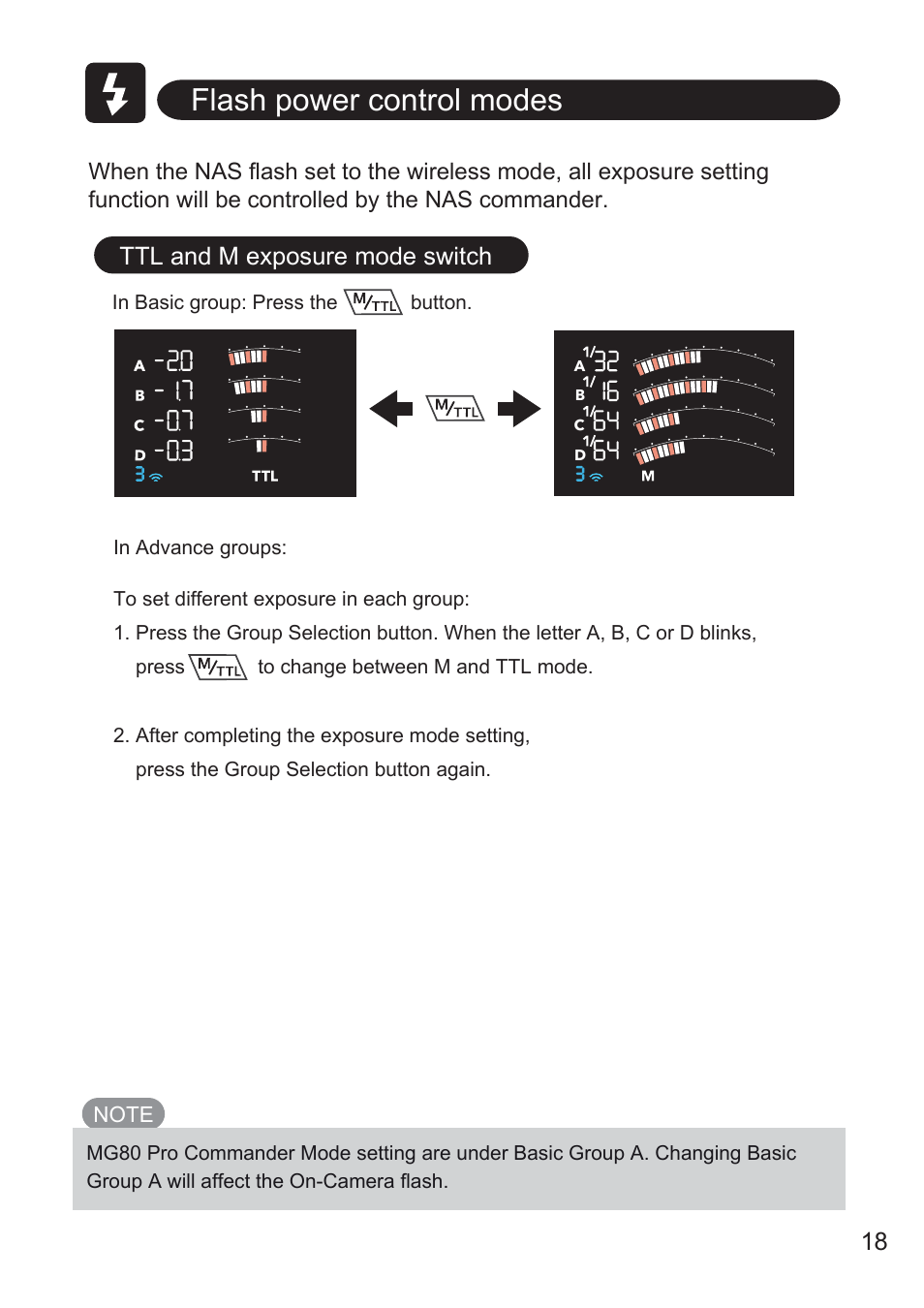 Flash power control modes, Ttl and m exposure mode switch | Nissin MG80 Pro Flash for Cameras User Manual | Page 19 / 31