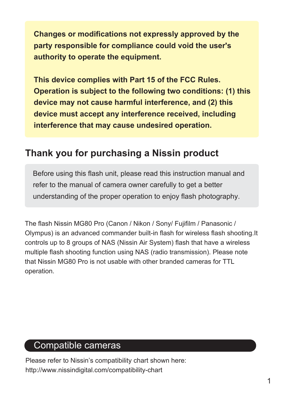 Compatible cameras | Nissin MG80 Pro Flash for Cameras User Manual | Page 2 / 31