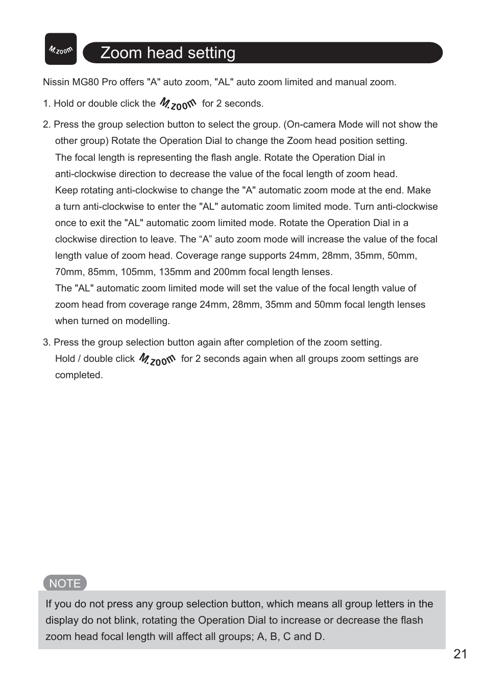 Zoom head setting | Nissin MG80 Pro Flash for Cameras User Manual | Page 22 / 31