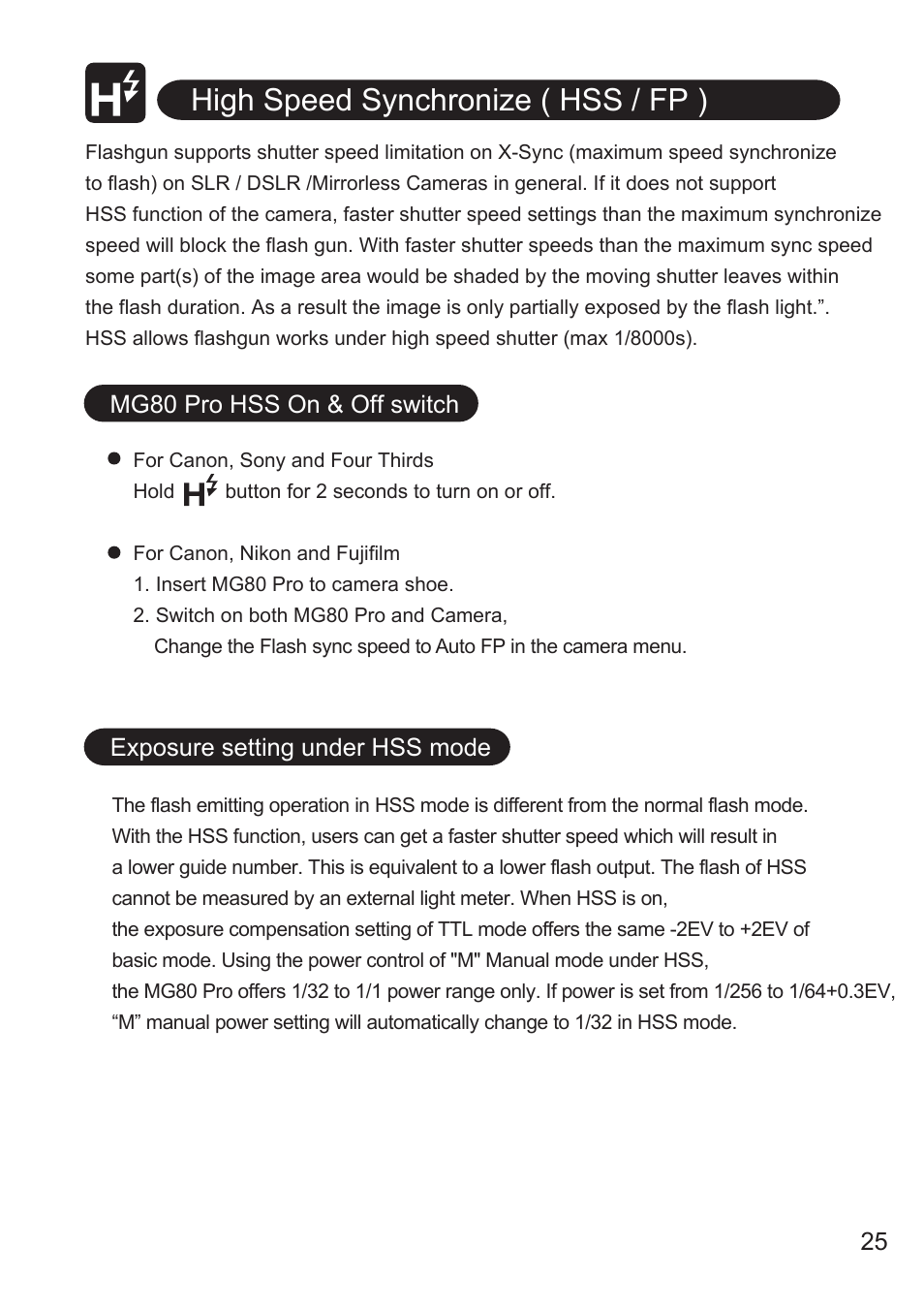 High speed synchronize ( hss / fp ) | Nissin MG80 Pro Flash for Cameras User Manual | Page 26 / 31