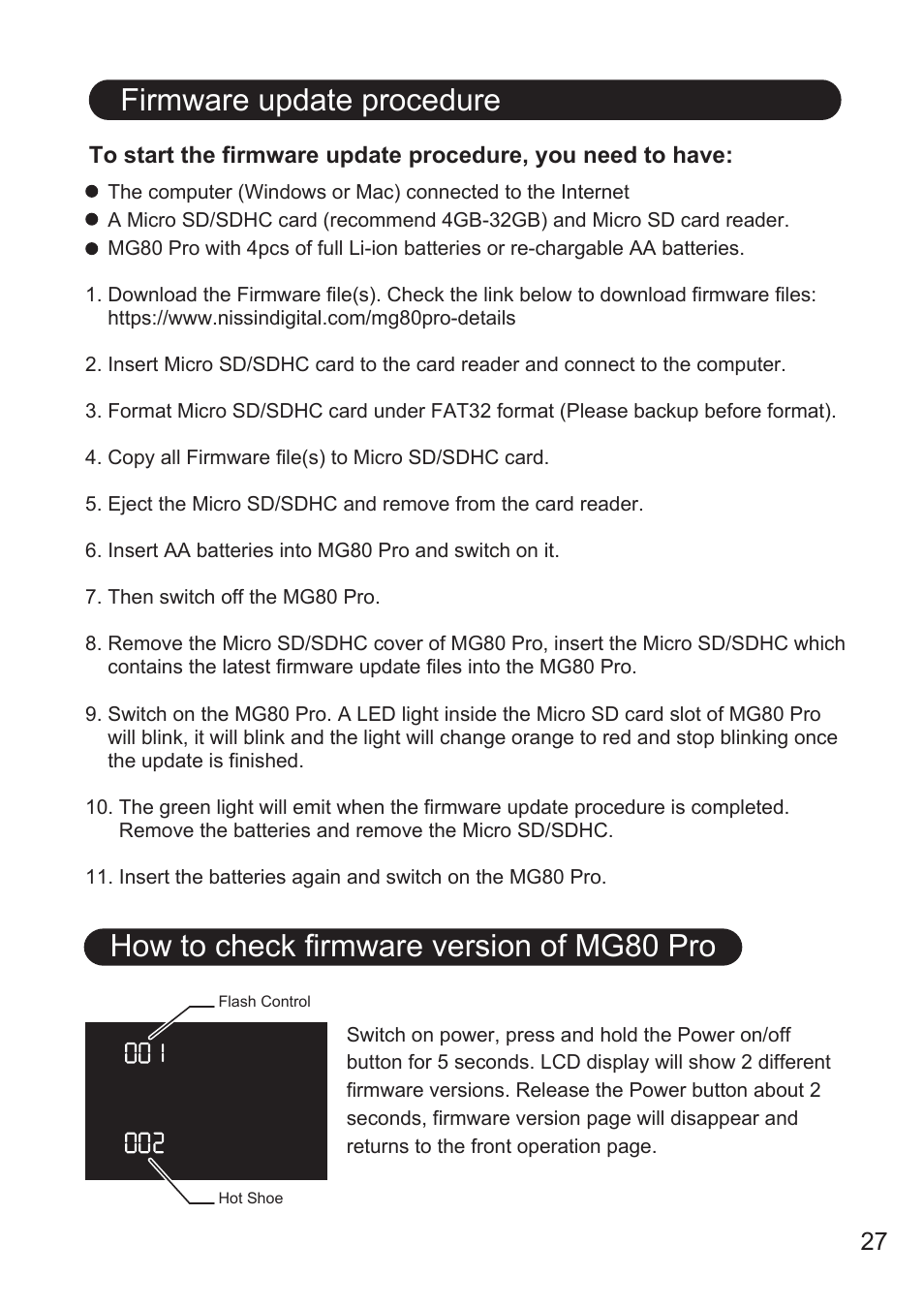 Firmware update procedure, How to check firmware version of mg80 pro | Nissin MG80 Pro Flash for Cameras User Manual | Page 28 / 31