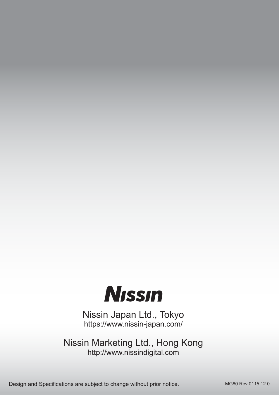 Nissin japan ltd., tokyo, Nissin marketing ltd., hong kong | Nissin MG80 Pro Flash for Cameras User Manual | Page 31 / 31