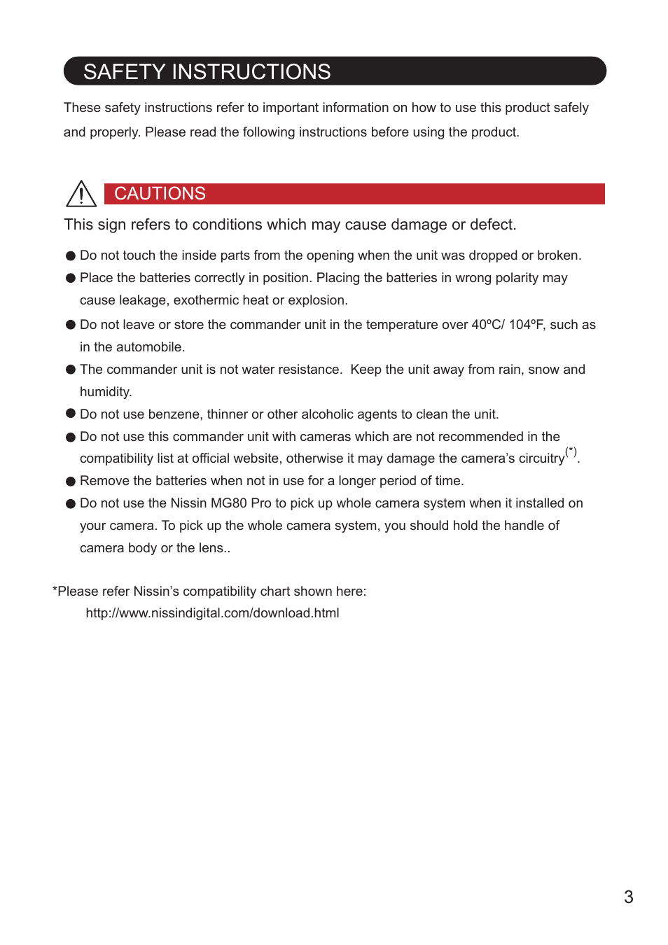 Safety instructions, Cautions | Nissin MG80 Pro Flash for Cameras User Manual | Page 4 / 31