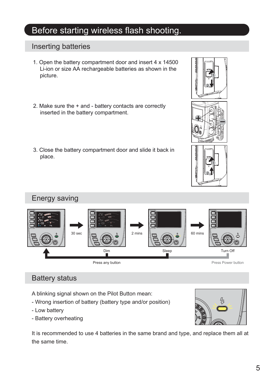 Before starting wireless flash shooting, Inserting batteries energy saving battery status | Nissin MG80 Pro Flash for Cameras User Manual | Page 6 / 31