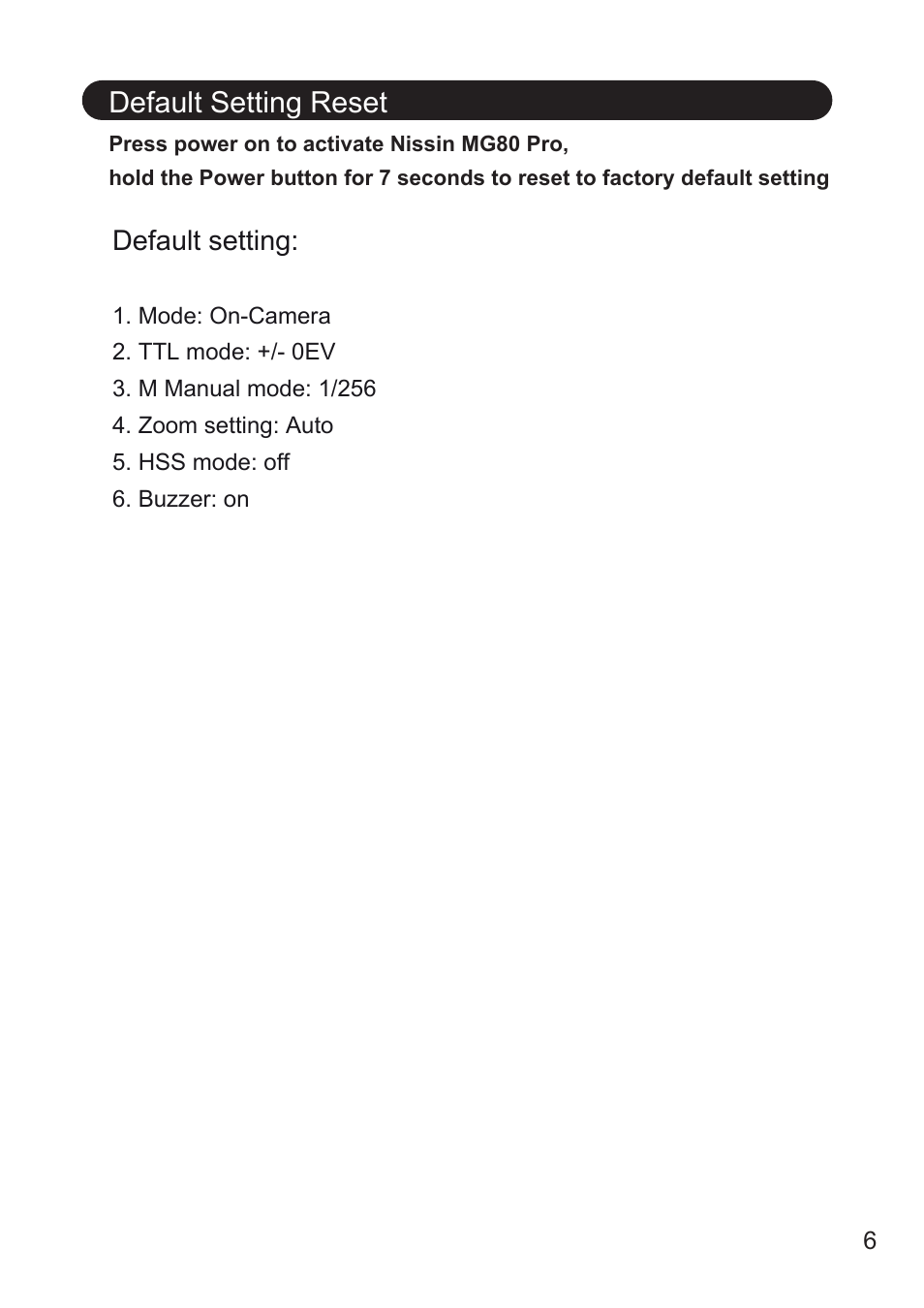 Default setting reset | Nissin MG80 Pro Flash for Cameras User Manual | Page 7 / 31