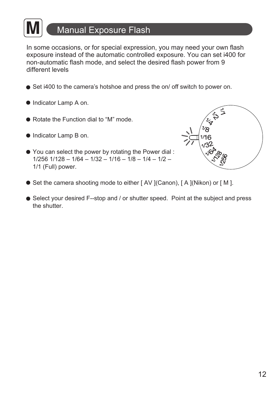 Manual exposure flash | Nissin i400 TTL Flash for Cameras User Manual | Page 12 / 20