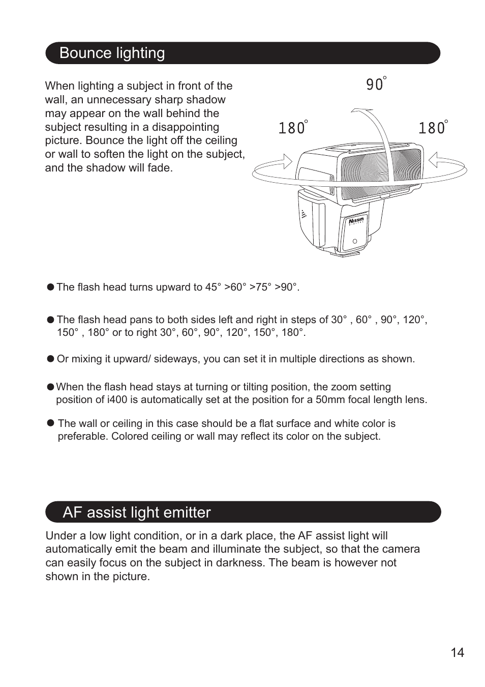 Bounce lighting, Af assist light emitter | Nissin i400 TTL Flash for Cameras User Manual | Page 14 / 20