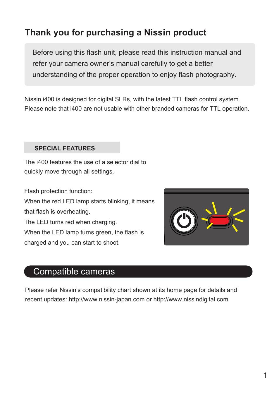 Compatible cameras | Nissin i400 TTL Flash for Cameras User Manual | Page 2 / 20