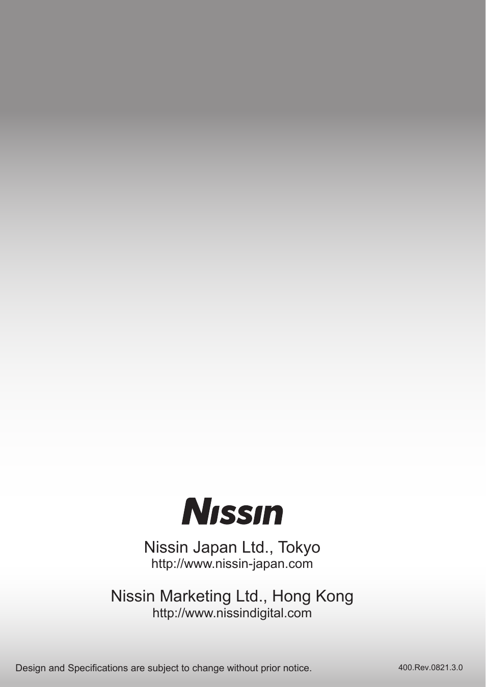 Nissin japan ltd., tokyo, Nissin marketing ltd., hong kong | Nissin i400 TTL Flash for Cameras User Manual | Page 20 / 20