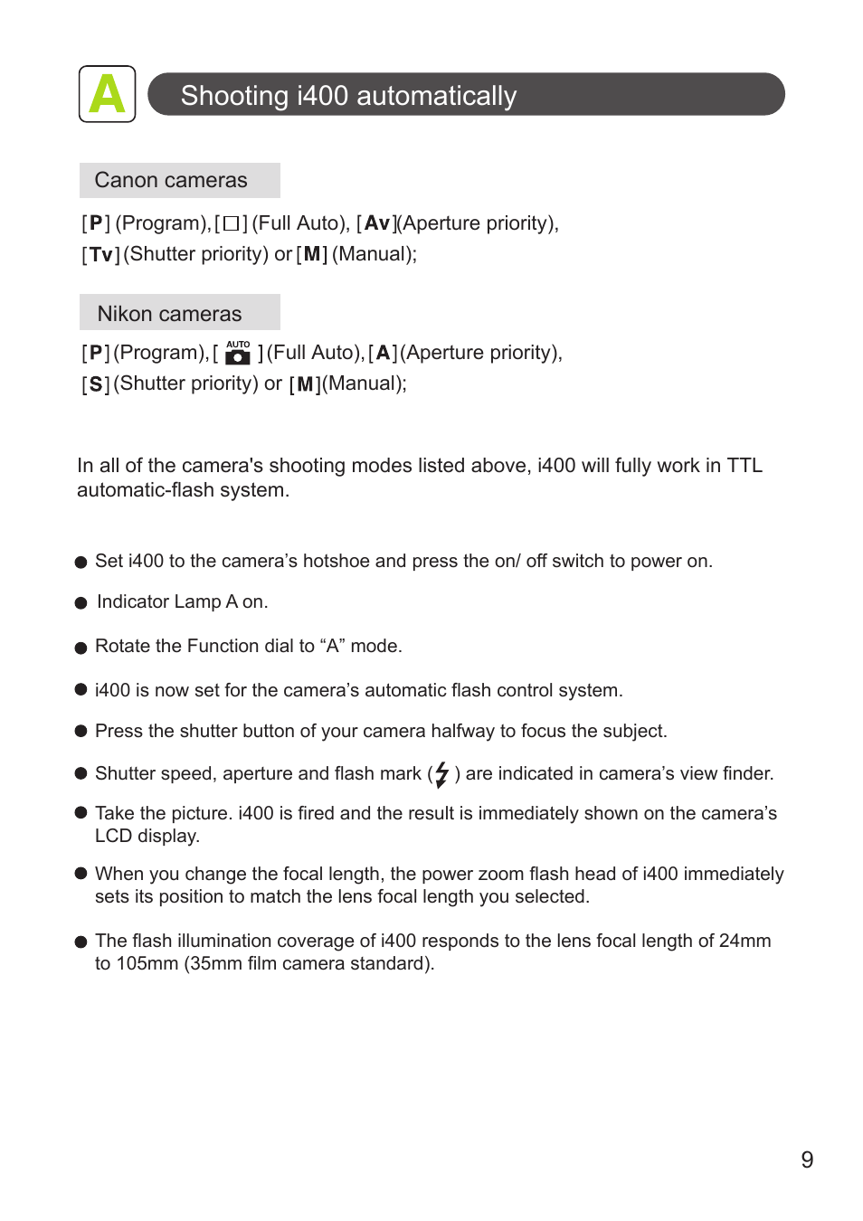 Shooting i400 automatically | Nissin i400 TTL Flash for Cameras User Manual | Page 9 / 20